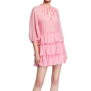 NWT Alice & Olivia 100% Silk Layla Three-Tier Ruffle Mini Dress in Pink‎